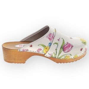 Buxa Floral Leather Clogs Wooden Sole Slip-On Round Toe Shoes Size 41